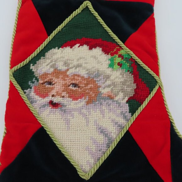 Santa Claus Needlepoint Red Green Velvet Beaded Snowflake Christmas Stocking - Picture 3 of 8